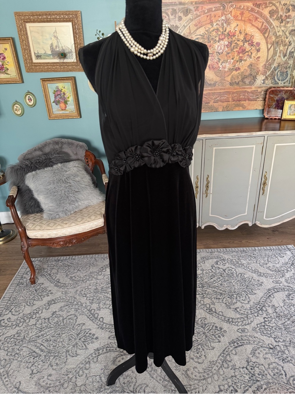Vintage Style Black Halter Top Bodice w Velvet Skirt and Floral w Beading Waist